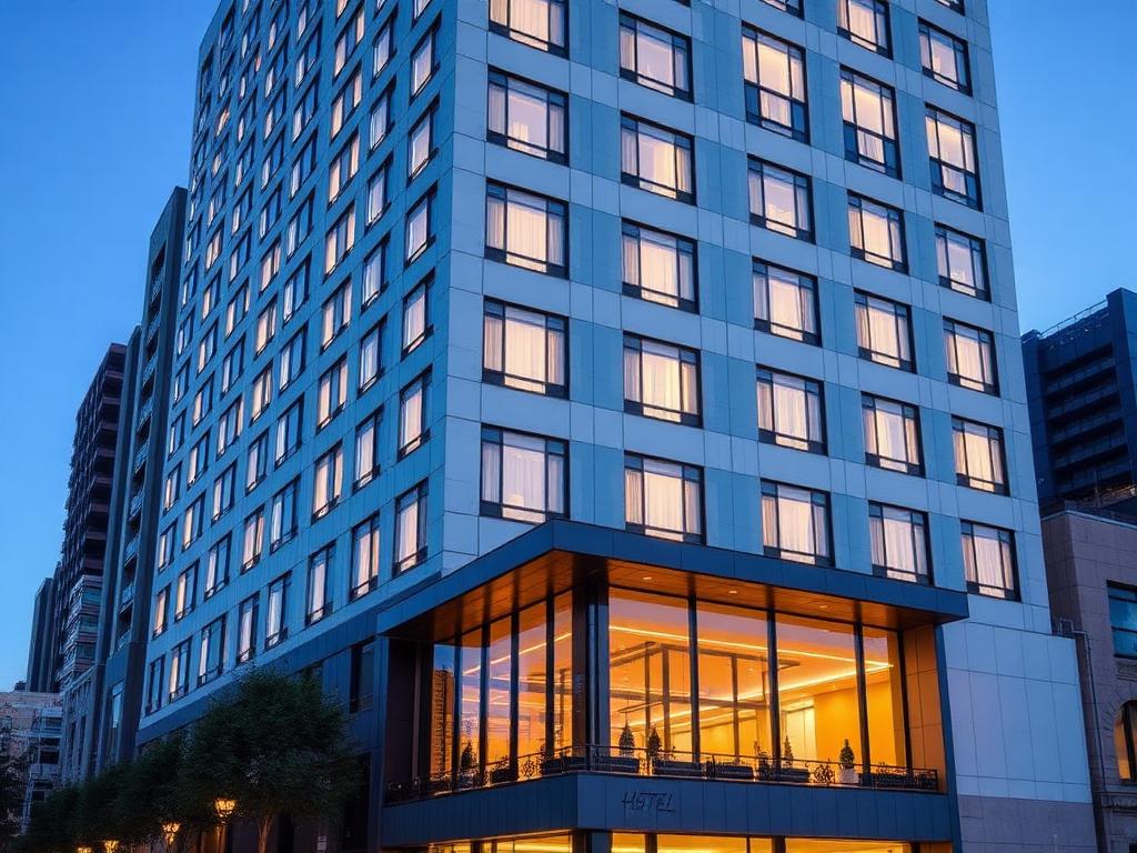 Modern downtown lifestyle hotel exterior at dusk