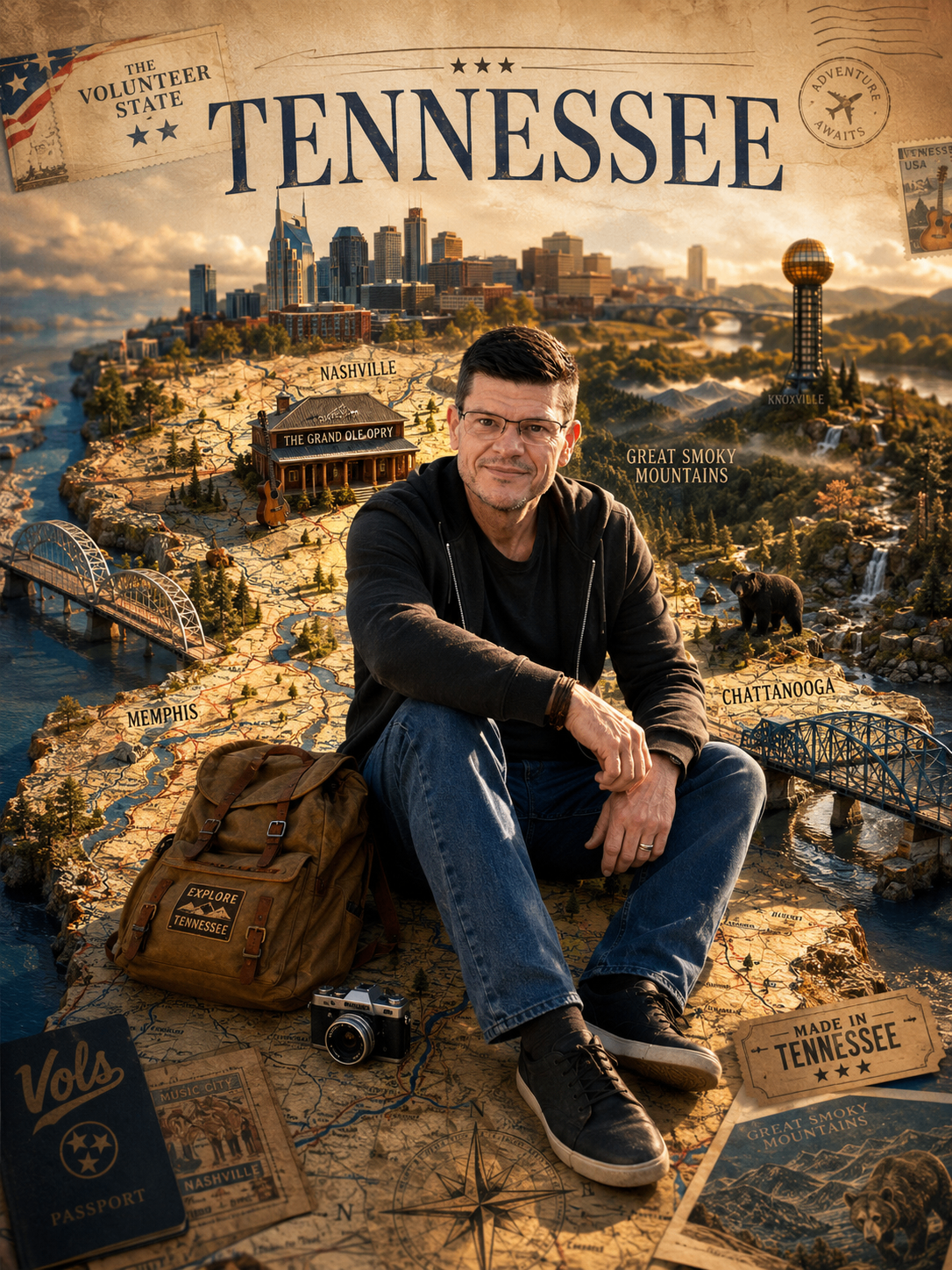 Shane Doss seated on an illustrated map of Tennessee with a travel backpack and camera